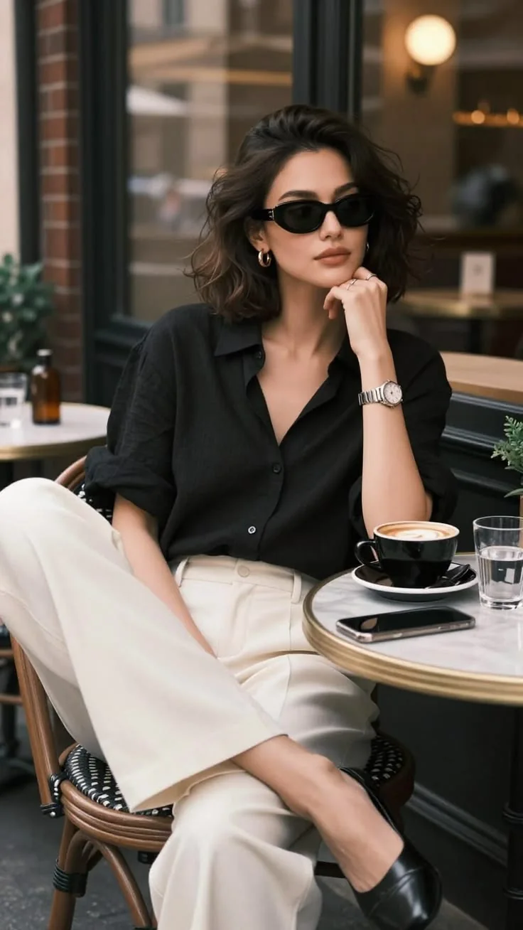 A woman in a black shirt and cream trousers sitting at an outdoor café table with a coffee and her phone