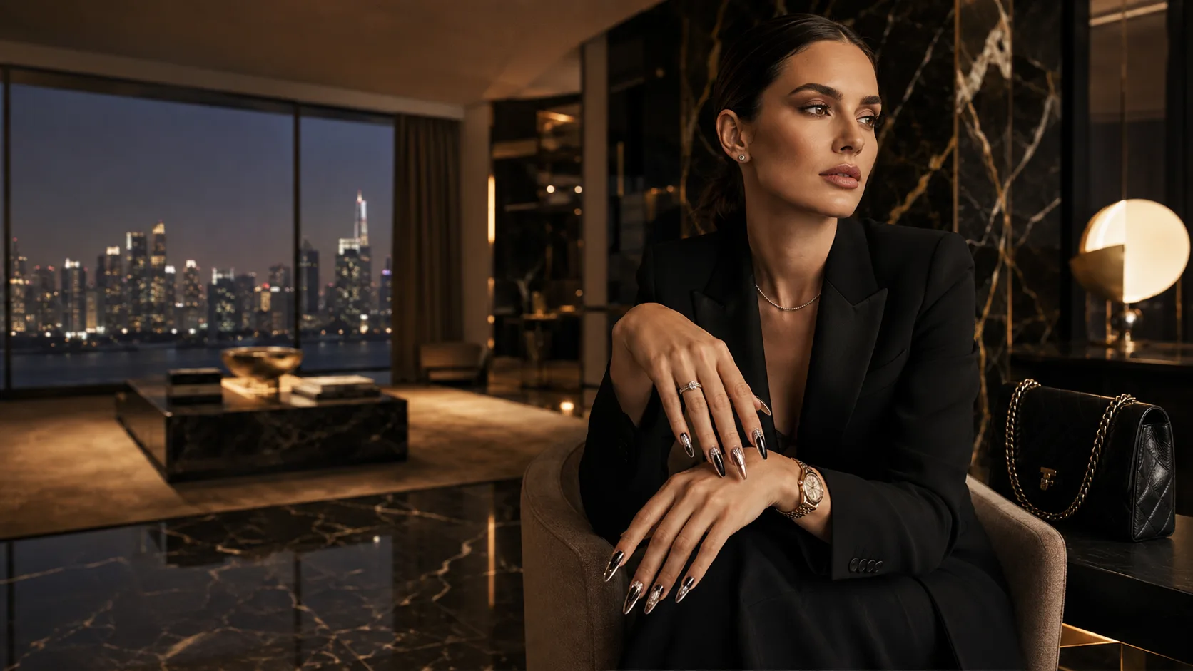 Close-up of mirror-chrome and black stiletto press-on nails resting on crossed hands, black marble penthouse lounge and city skyline behind