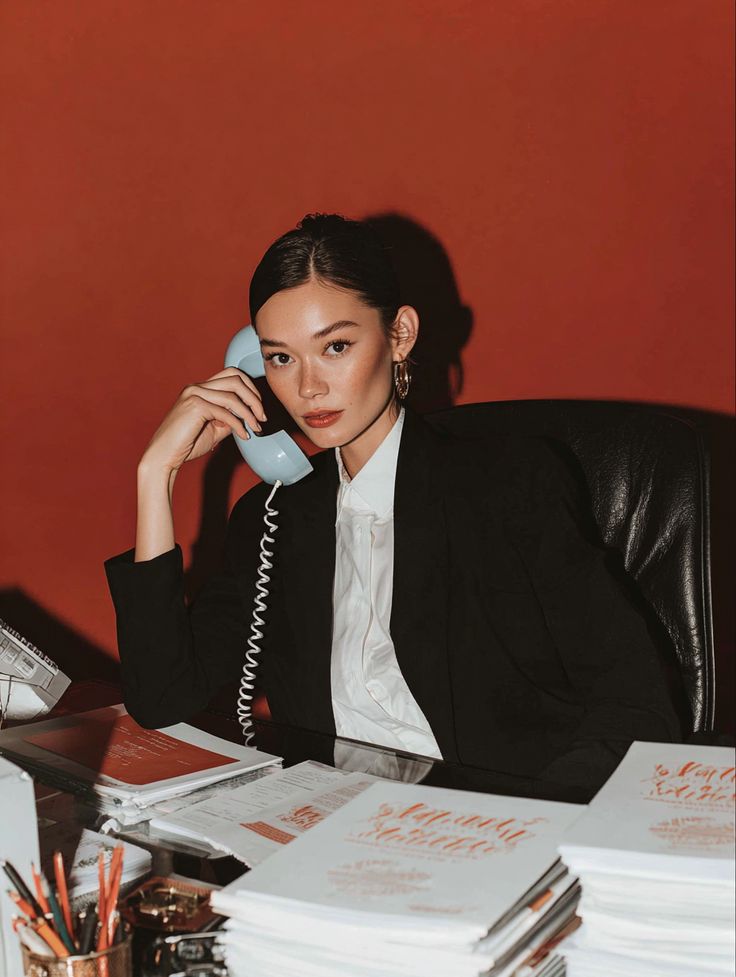Model in a black blazer and gold hoops taking a call at a paper-stacked desk against a red wall. The 2026 Collection working-woman muse