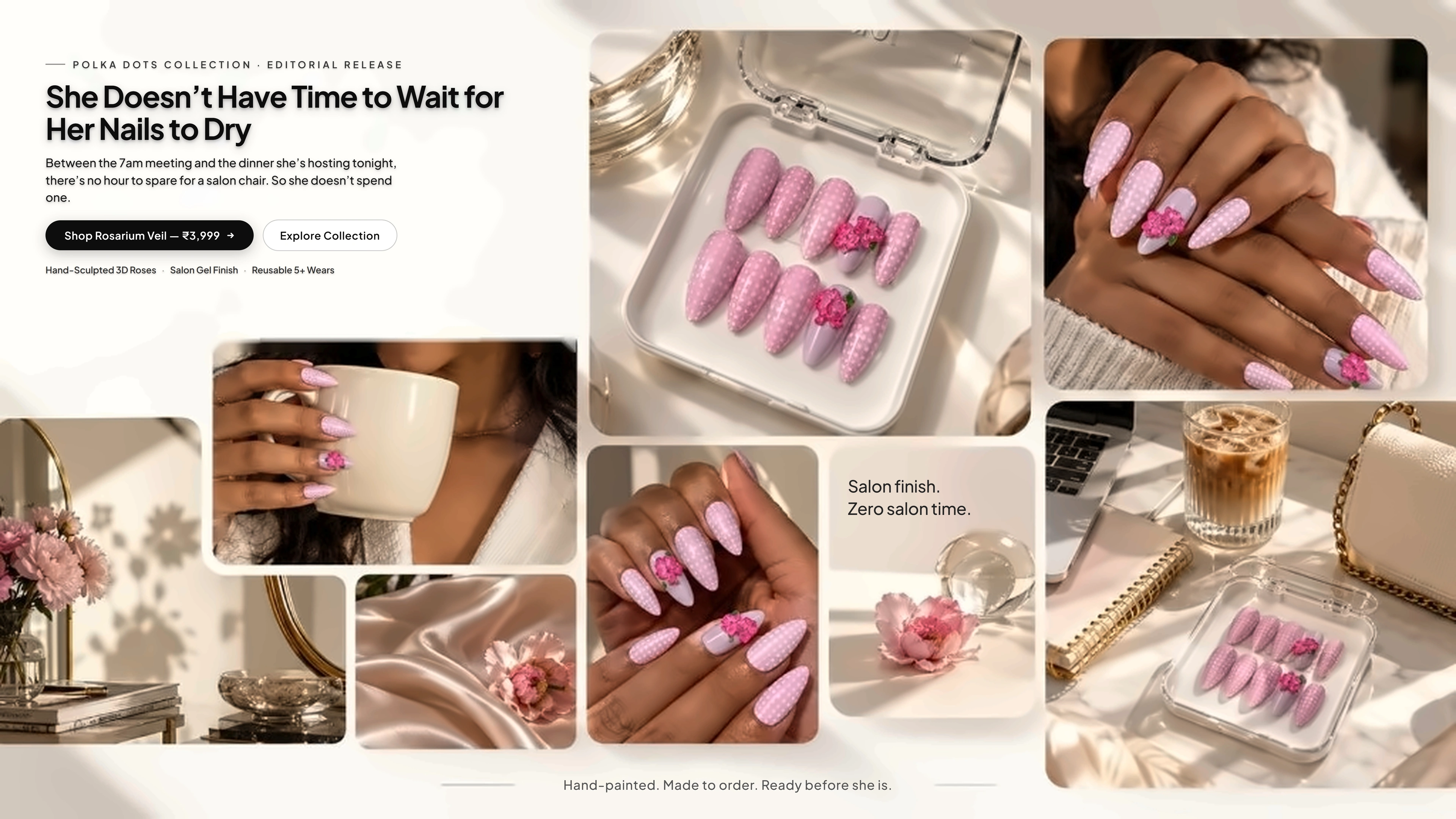 Rosarium Veil Luxury Handcrafted Press-On Nails Editorial Collage - She Doesn’t Have Time to Wait for Her Nails to Dry