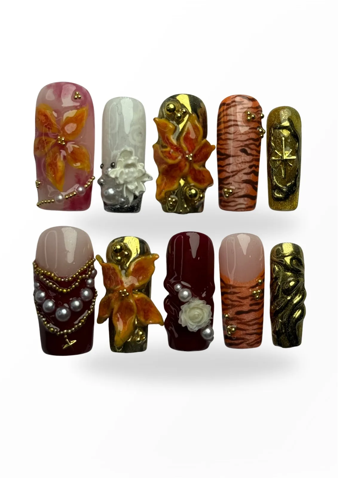 BURNT PETAL. Hand-painted spring press-on nails