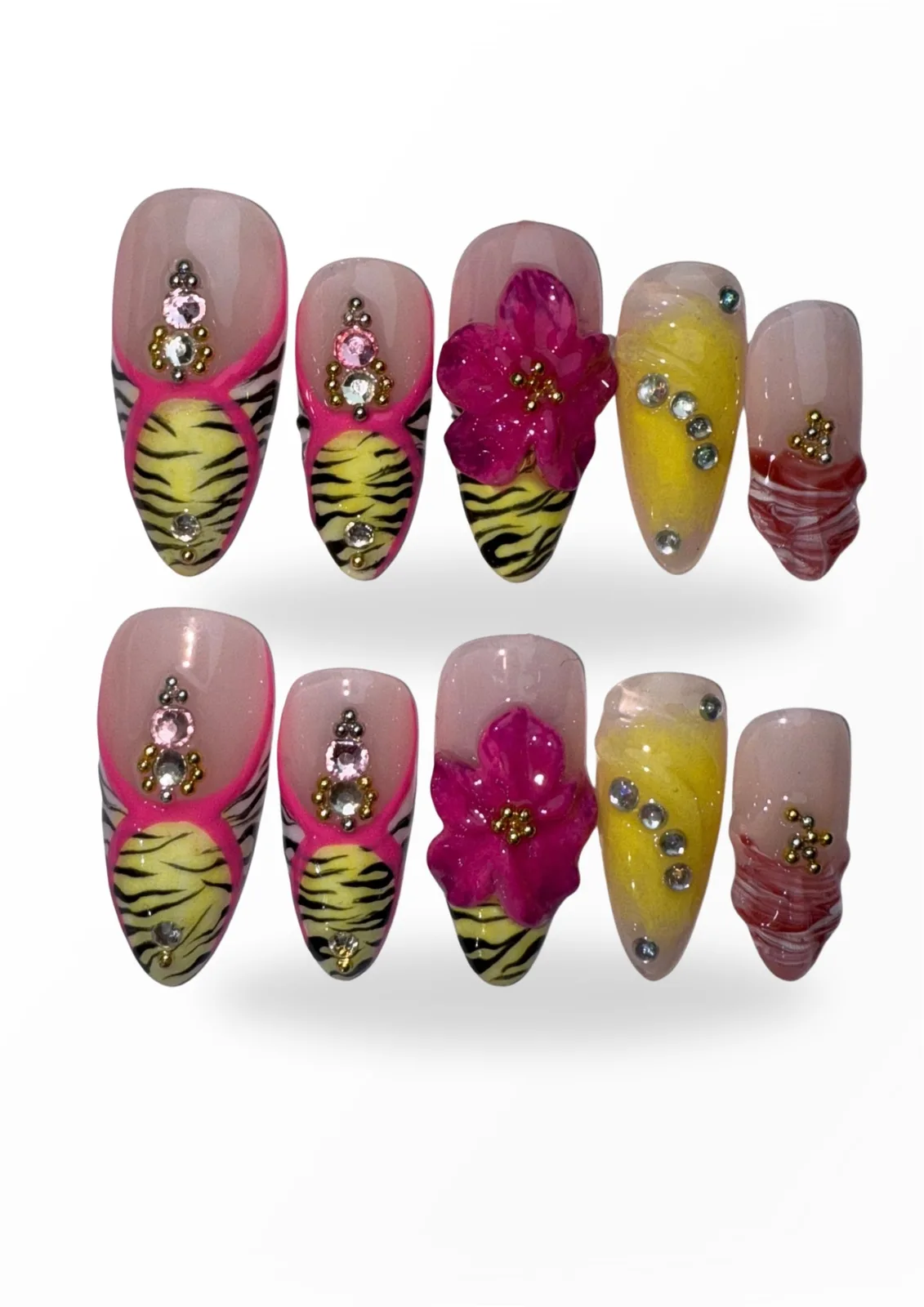 DAHLIA ROUGE. Hand-painted spring press-on nails