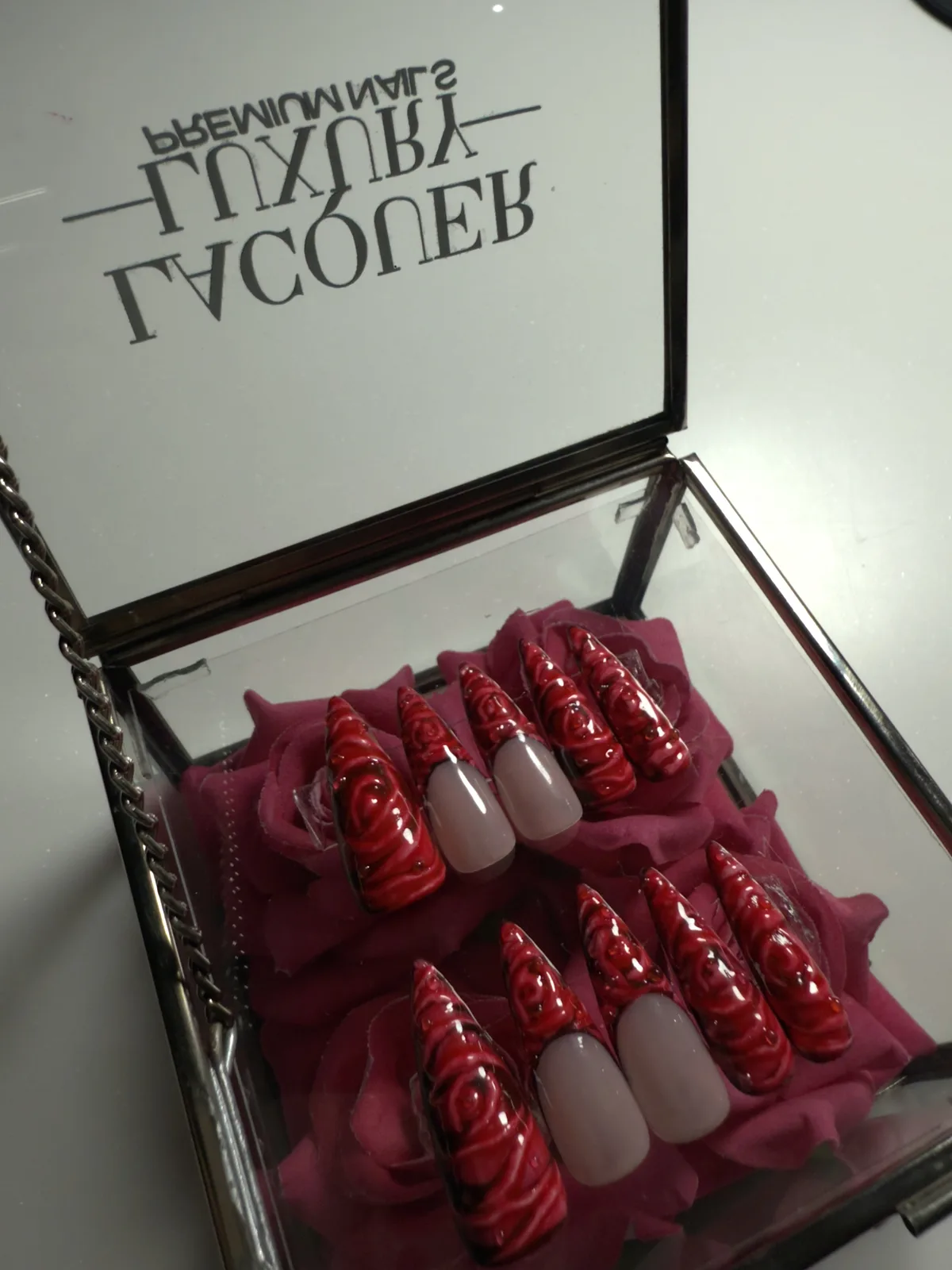 DEW DROP ROSE. Hand-painted universal designs press-on nails