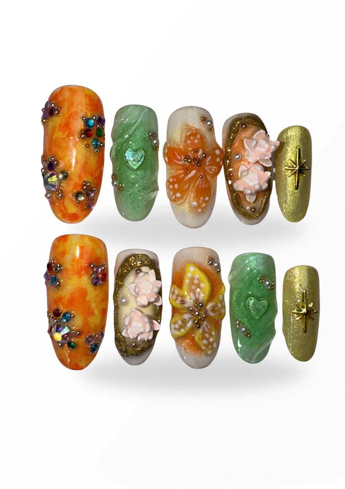 PEACH AURA. Hand-painted spring press-on nails