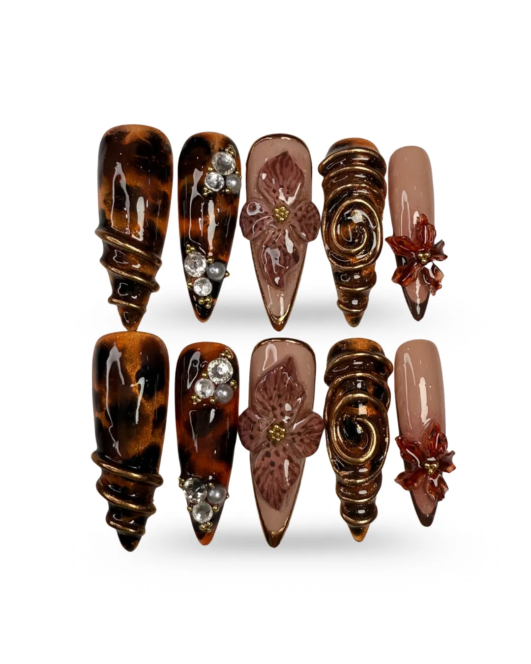 TORTOISESHELL FLORA LEGACY. Hand-painted autumn press-on nails